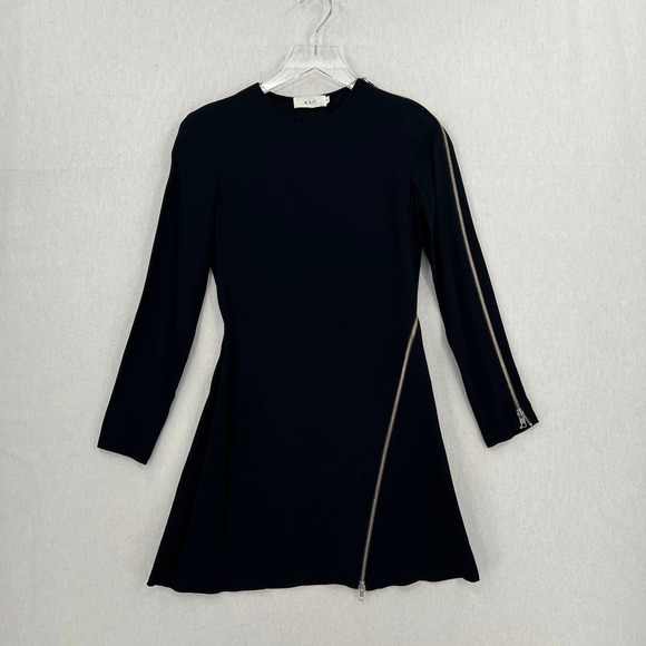 A.L.C. Dress Womens 0 Black Miro Viscose Blend Zipper Accent Mini Fit Flare Crew - Picture 4 of 14